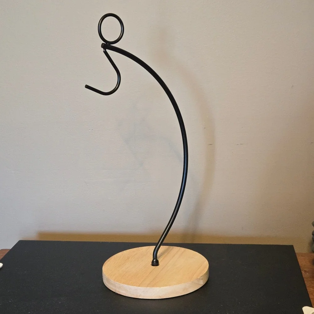 Modern Banana Hanger Stand Black Metal Hook Natural Wood Base Kitchen Storage‎